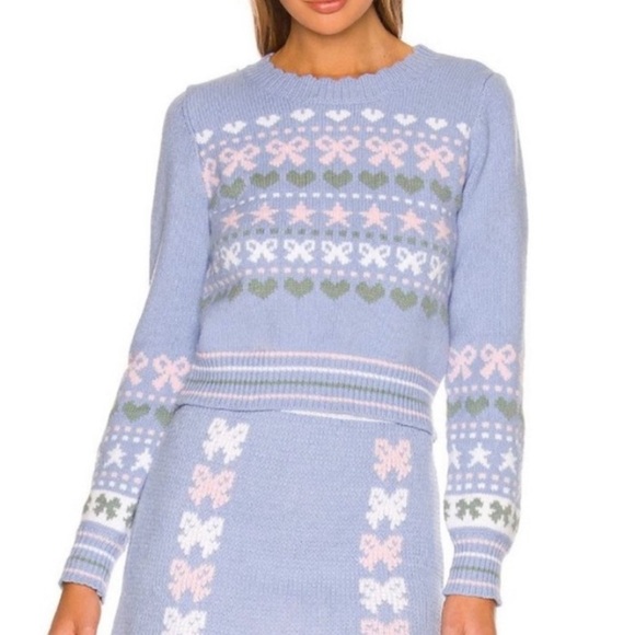 LoveShackFancy Womens Zaheer Pullover Feminine Heart Bow Sweater Pink Blue XS - Picture 5 of 11